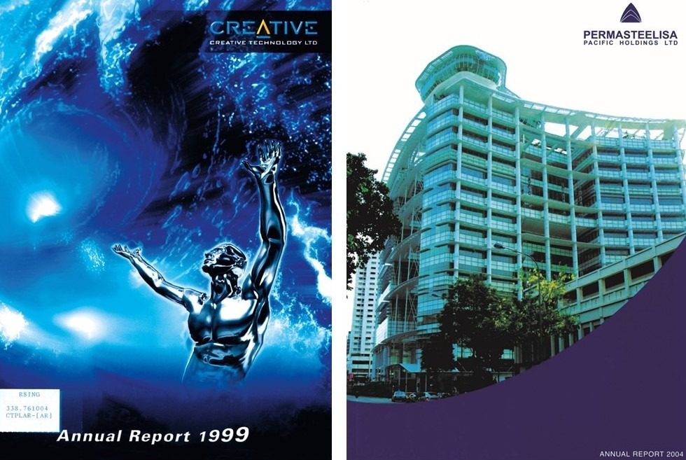 From left: US version of the 1999 Annual Report of Creative Technology Ltd. All rights reserved, Creative Technology Ltd, 1999; The National Library Building on the cover of the 2004 Annual Report of Permasteelisa Pacific Holdings Ltd. All rights reserved, Permasteelisa Pacific Holdings Ltd, 2004.
